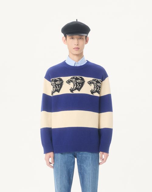 Valentino - ジャカードパンテアパターン ウール ニットプル - インディゴ/バター - メンズ - ニット